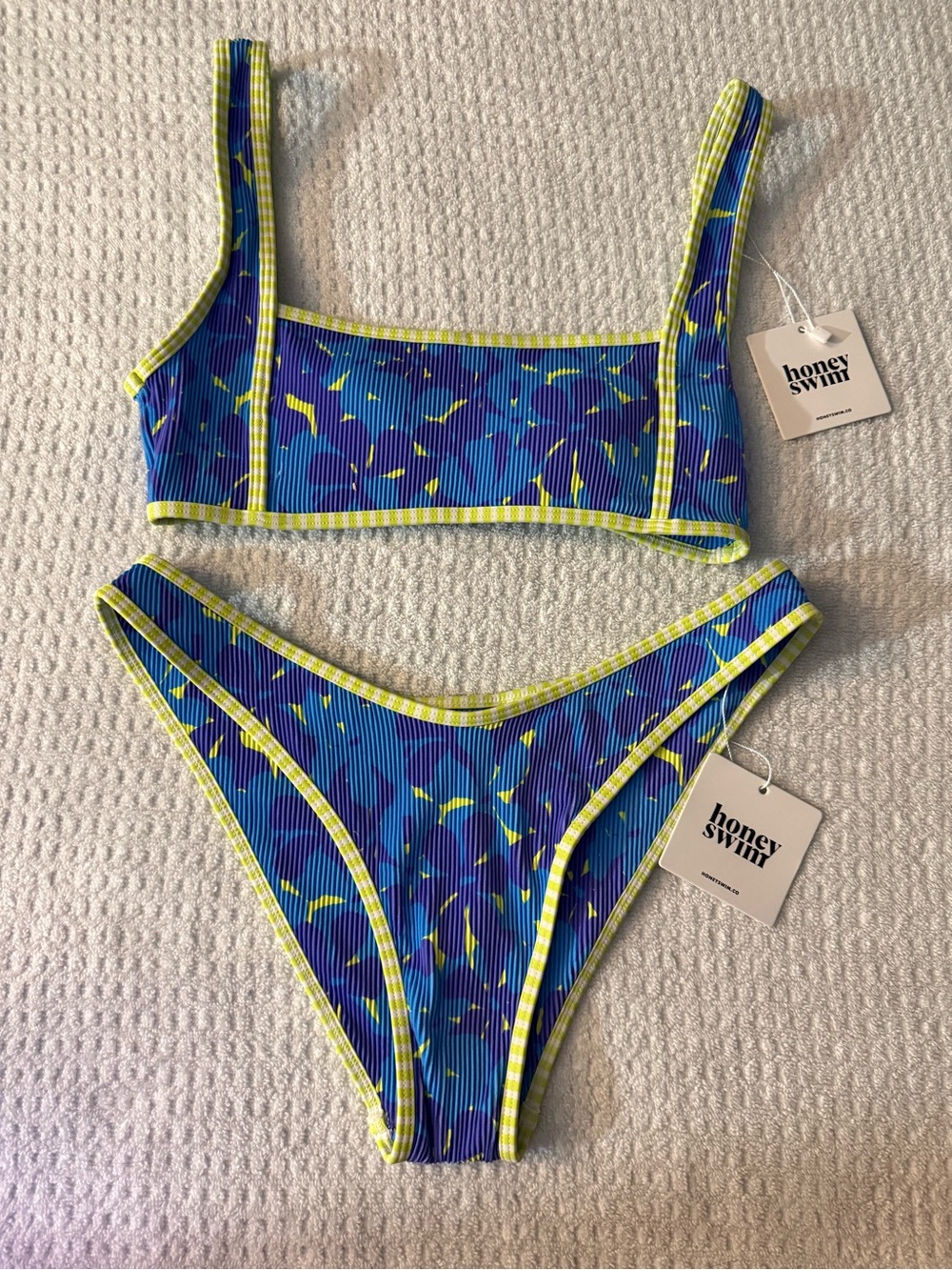 Honey Swim Aruba Ribbed Bikini Set Medium Squareneck Top Large Bottom Floral NWT